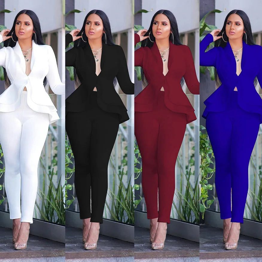 Women's Winter Tracksuit Set Full Sleeve Ruffled Blazer Pencil Pants Suit Two-Piece Set Office Lady Outfits Uniform