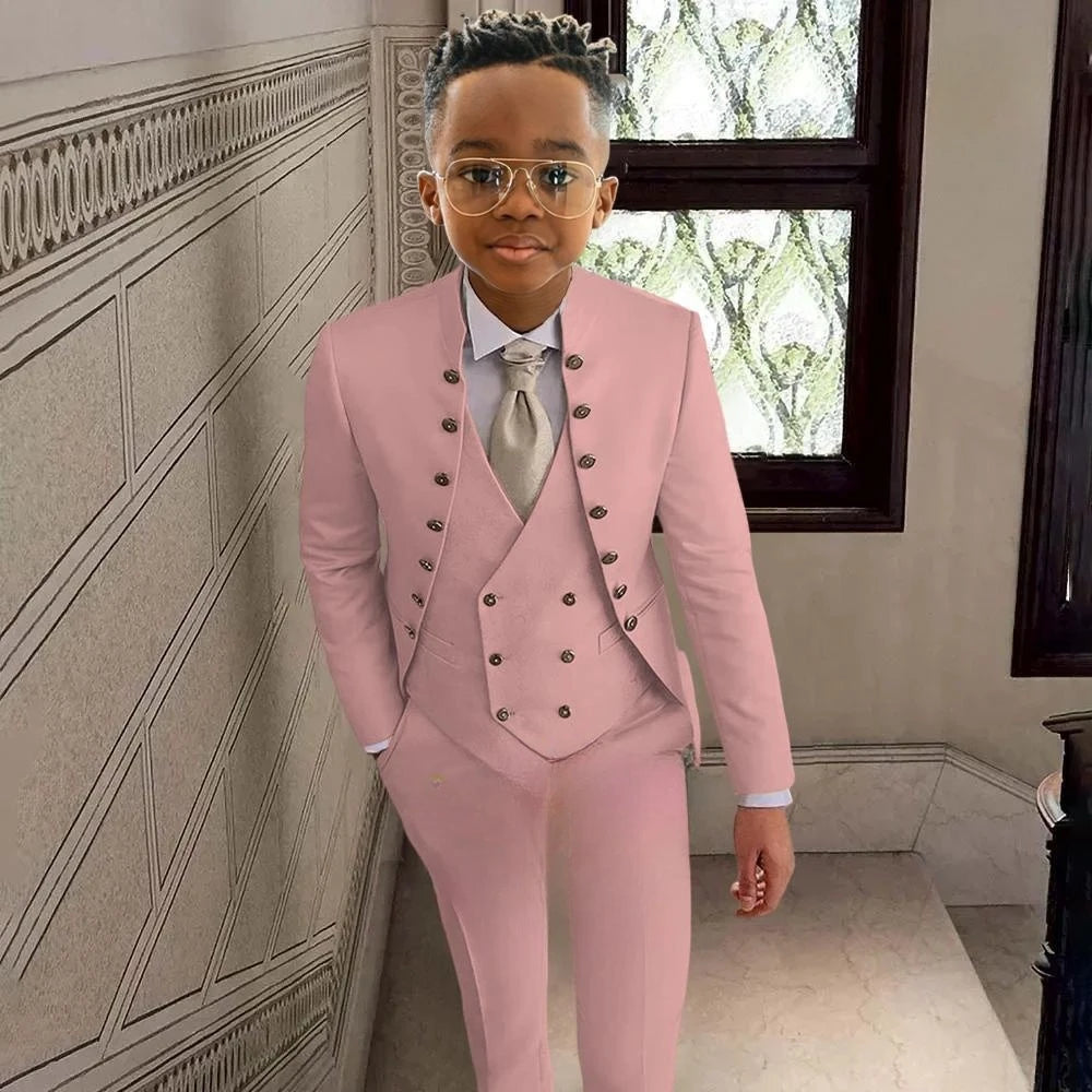 Fashionable Kids Stand-up Collar Suits 3 Pieces Jacket Vest Pants Performance Outfit Comfortable Boys Tuxedo Wedding Guest Wear