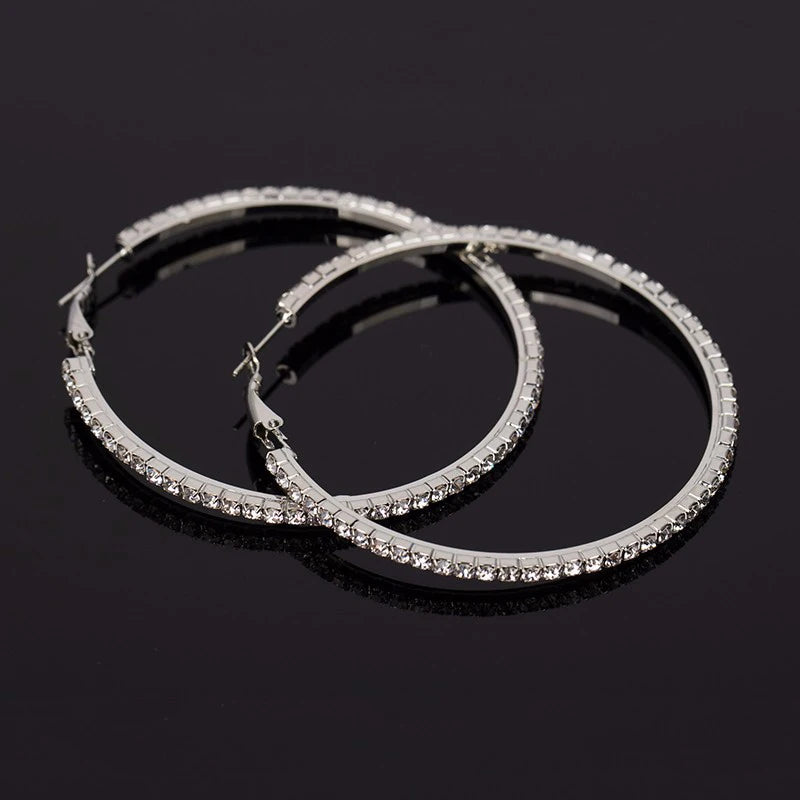 Grandes Boucles Créoles 30-80mm | Cristal Strass Cercle | Noir Or Argent | Femme Fille | Fête Cadeau