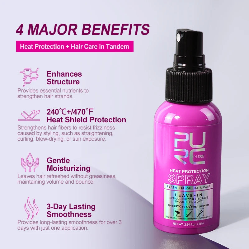 Spray Thermoprotécteur PURC Huile Coco | Anti-Frisottis & Brillance | Protection Jusqu'à 240°C
