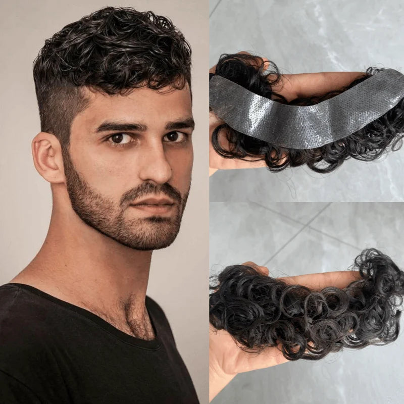 Toupét Homme Cheveux Humains Bouclés | Ligne Frontale Réaliste | Base PU Fine | Style V | Perruque Masculine