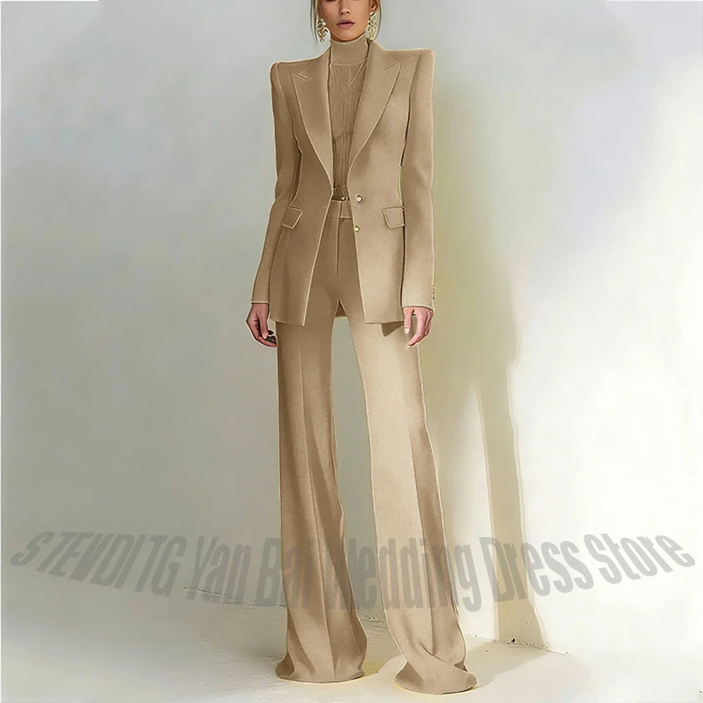Women's Pant Suit 2 Piece Set Office Female Business Work Formal Jacket Trouser One Button Chic Yellow Peaked Lapel Elegant Suit