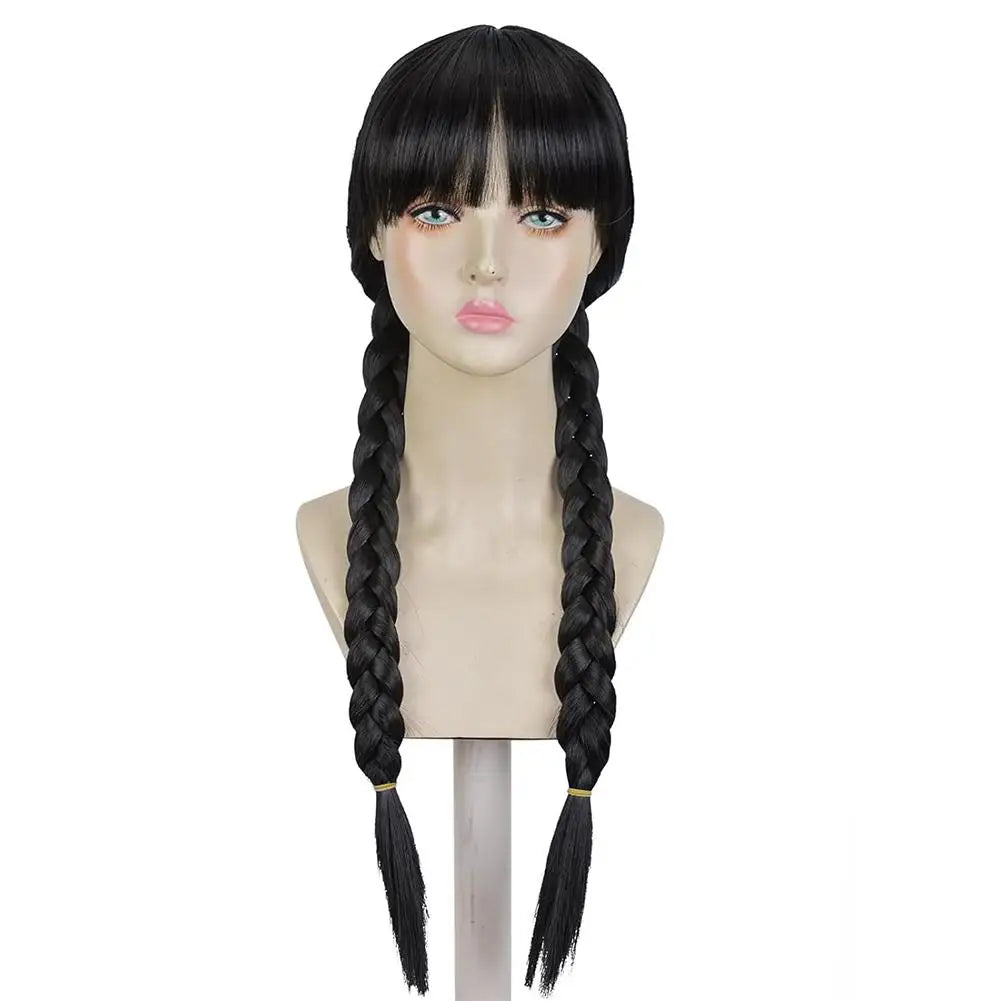 Double Ponytail Braided Wig For Wednesday Wigs Halloween Gothic Costume Braids Anime Double Black Synthetic Braided With Bangs