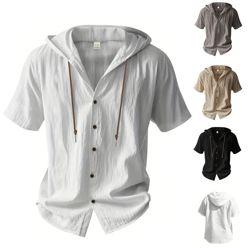 Men's Cotton Linen Hooded Short Sleeve Solid Color Breathable Lightweight Drawstring Design Shirts Casual Basic Tees