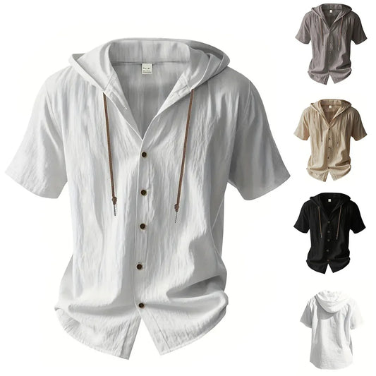 Men's Cotton Linen Hooded Short Sleeve Solid Color Breathable Lightweight Drawstring Design Shirts Casual Basic Tees