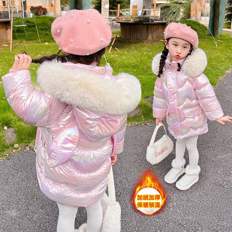 Doudoune Longue Fille Licorne | Imperméable Brillante | Col Fourrure Capuche | Parka Enfant Hiver
