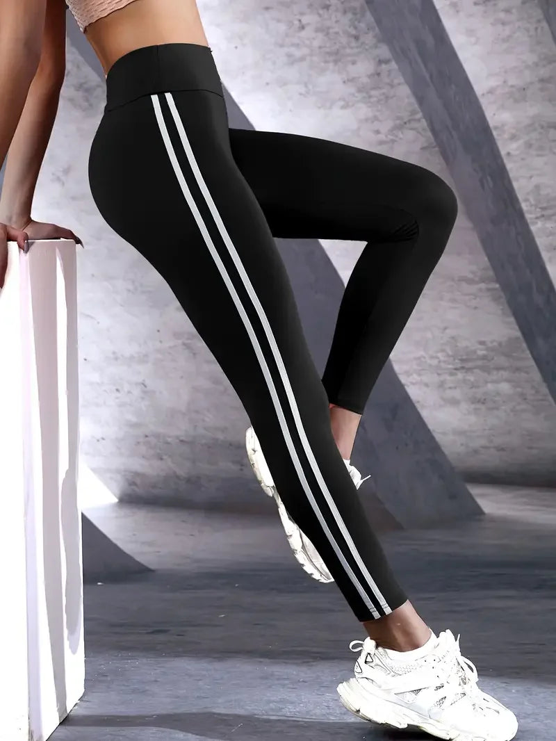 Women's High-Waisted Elastic Leggings - Thin Double-Stripe - Spring/Autumn - Running Sports - Tight-fitting Small Feet Design - Nine-Point Length