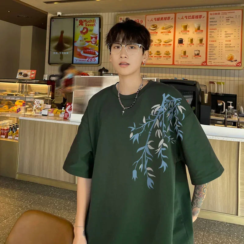 T-Shirt Homme Oversize Coton | Blanc | Imprimé Bambou | Jusqu'au 5XL | Casual Été Mode