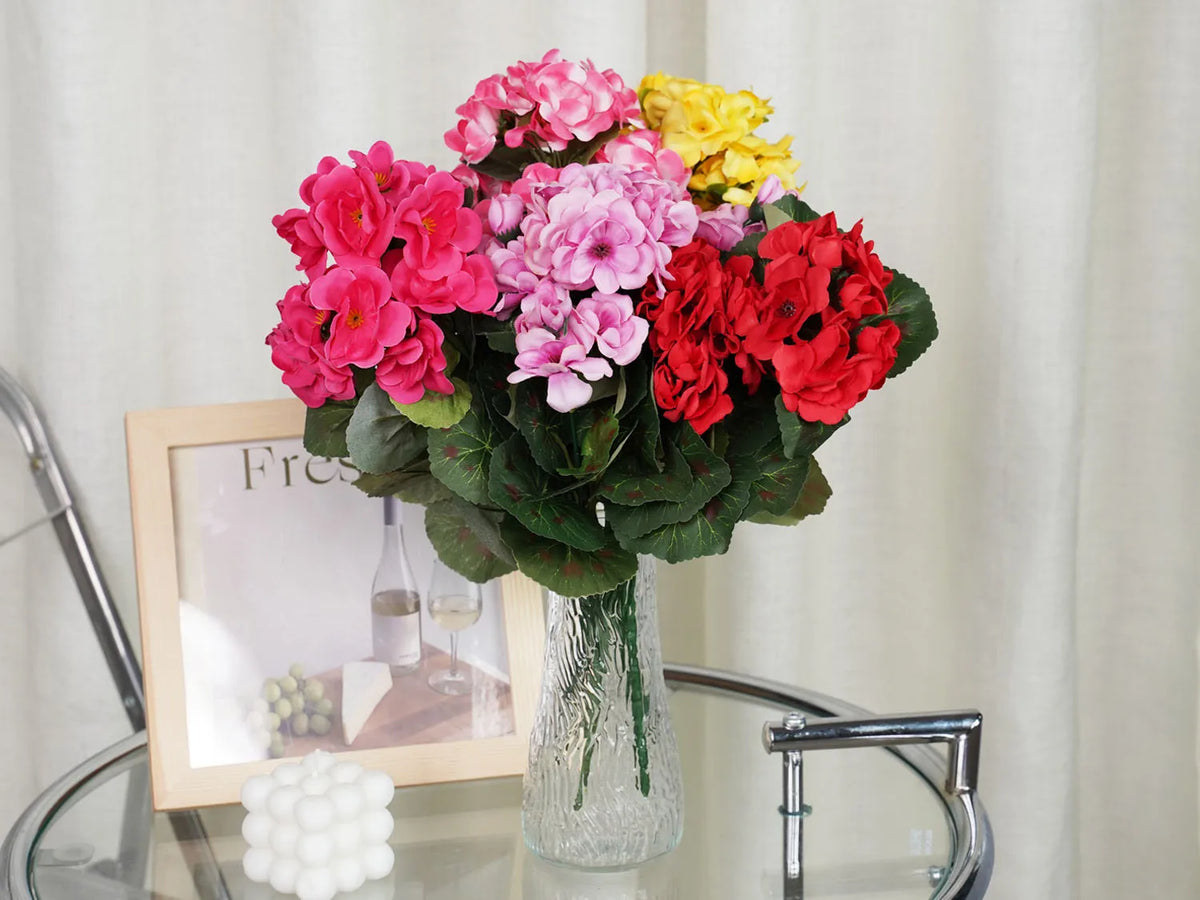 Uflower 1Pc Artificial Begonia Flower Plants for Wedding Bouquet Home Garden Bonsai Christmas Wreath Decor
