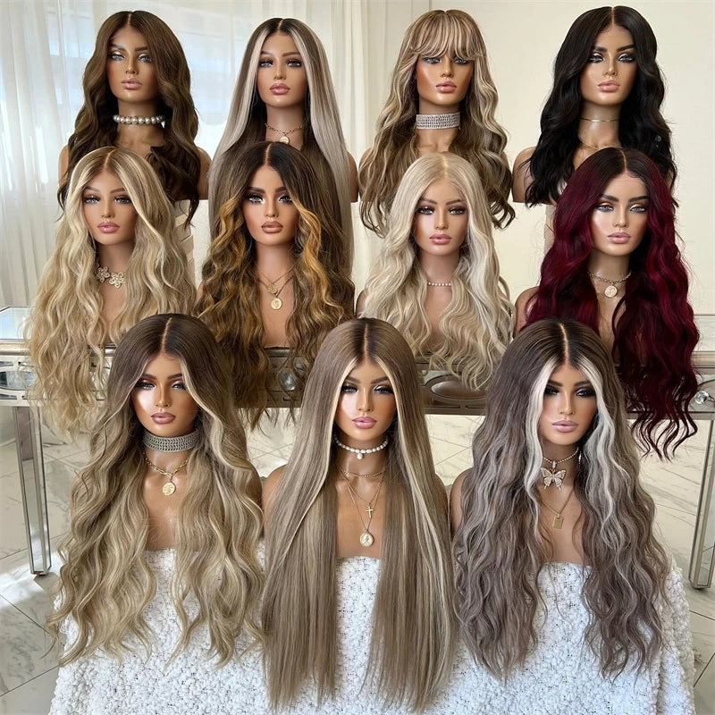 Perruque Lisse Blonde Platine | Racines Brun Cendré | HD Lace | Fibre Synthétique & Cheveux Humains | 20 Pouces