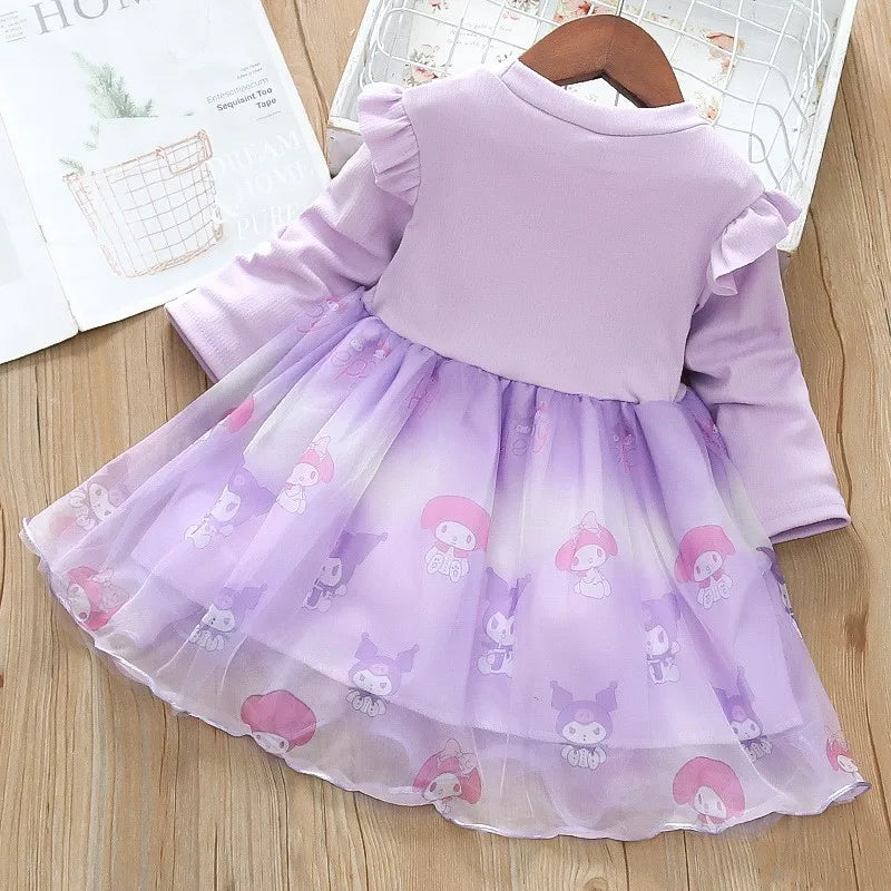 Fashion Girls Dress Spring Autumn Mesh Cartoon Kuromi Long Sleeve Princess Dresses for 2-6 Years Kids Birthday Party Costume