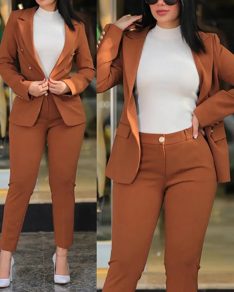 Pants Sets Two Piece Women Cardigan Blazer Double Breasted Slim Fit Pencil Pants Pockets Solid Casual Suits Outwear Spring 2025