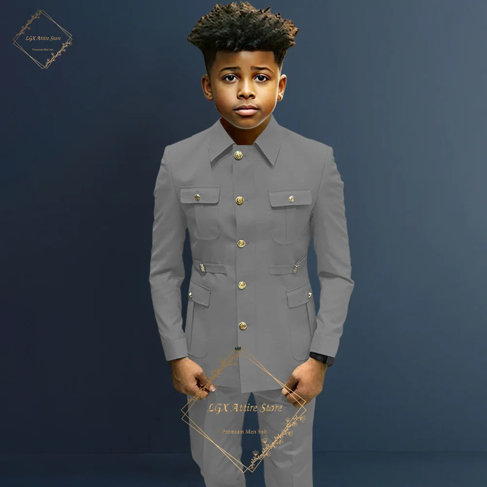 Boys single-breasted formal 2-piece suit, boys Zhongshan suit style long coat classic design suitable for ages 2-16