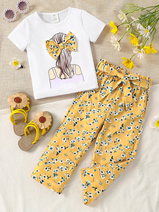 Girls' Summer 2-Piece Set: Cartoon Print T-Shirt & Floral Straight-Leg Pants, Breathable Kids' Clothing, Casual Fashion Outfit