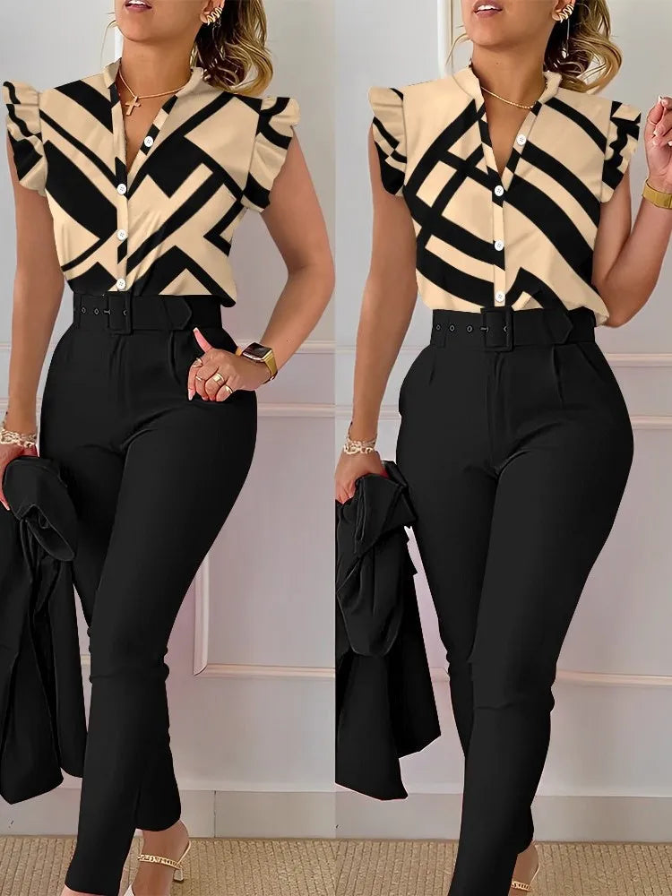 Women's Elegant Slim Two-Piece Sets Summer Fashion Print V Neck Button Flying Sleeve Shirt Top & Solid Long Pants Suits With Belt