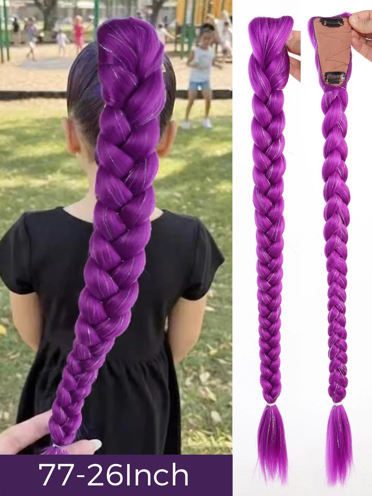 Queue de Cheval Tressée Violette | 32 Pouces | Tinsel Brillant | Extensions Super | Cosplay & Noël | Enfants & Filles