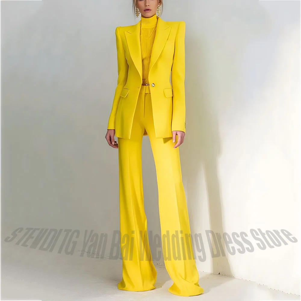 Women's Pant Suit 2 Piece Set Office Female Business Work Formal Jacket Trouser One Button Chic Yellow Peaked Lapel Elegant Suit