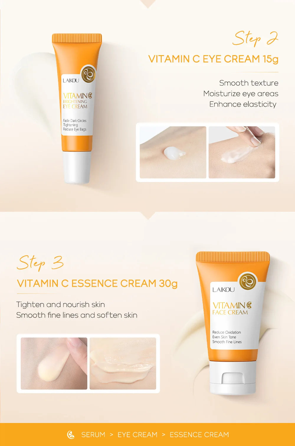 LAIKOU Vitamin C Skin Care Sets 3pcs Face Cream Serum Eye Cream Moisturizing Anti Wrinkles Facial Care Kit