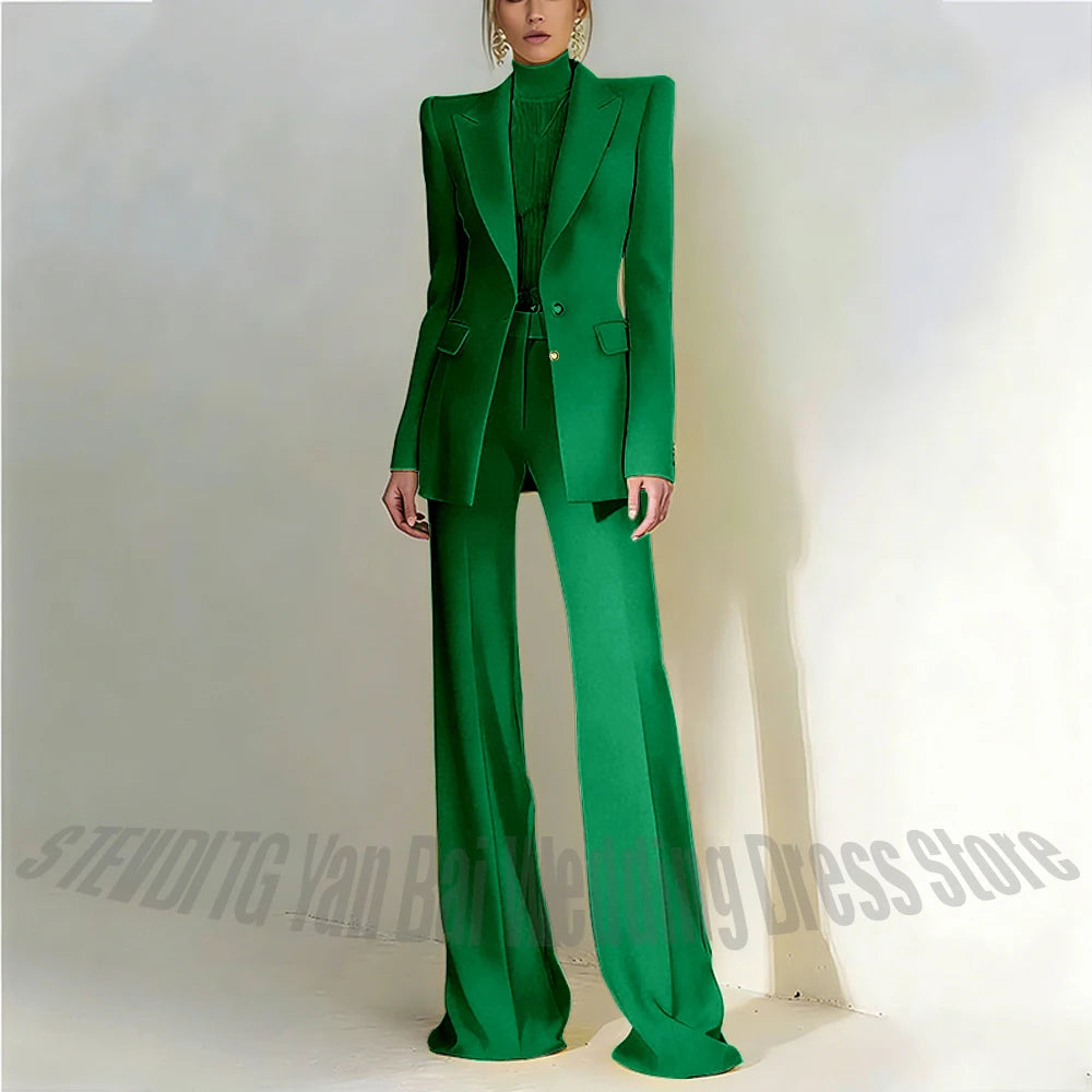 Women's Pant Suit 2 Piece Set Office Female Business Work Formal Jacket Trouser One Button Chic Yellow Peaked Lapel Elegant Suit