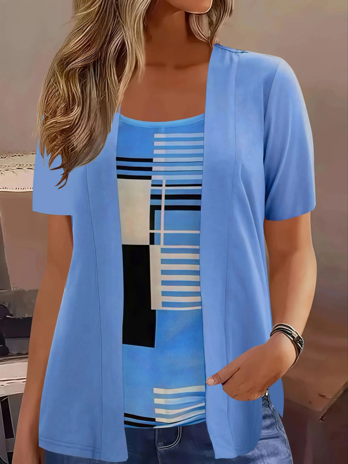 Elegant Geometric Print Mock Two-Piece T-Shirt | Plus Size Women's Summer Casual Top | Fashion Patchwork Design