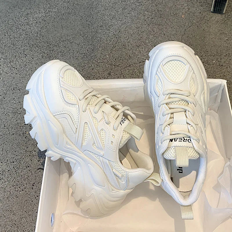 2024 New Summer Black Chunky Casual Sneakers Women New Fashion Platform Sport Shoes Mesh Leather Platform Shoes