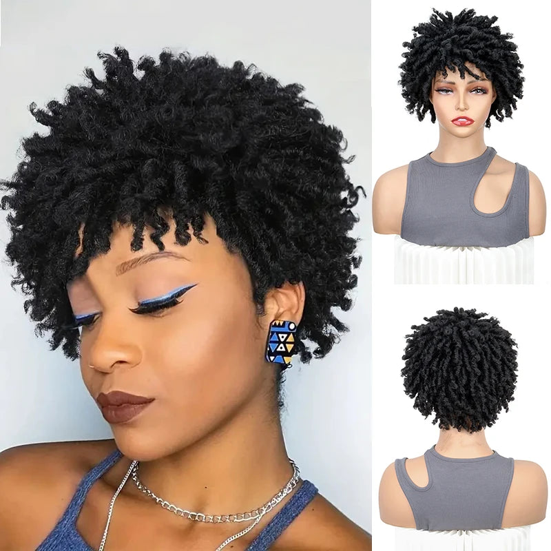 Perruque synthétique courte à fausses locks bouclées