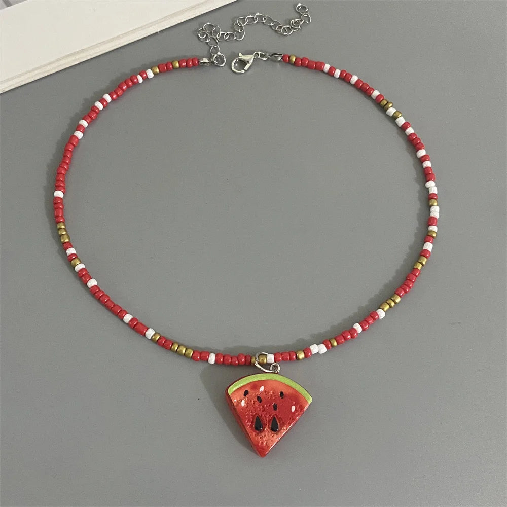 Collier Pendentif Fruits Fait Main | Perles Riz Bohème | Choker Pastèque Citron Fraise | Bijou Fille Femme