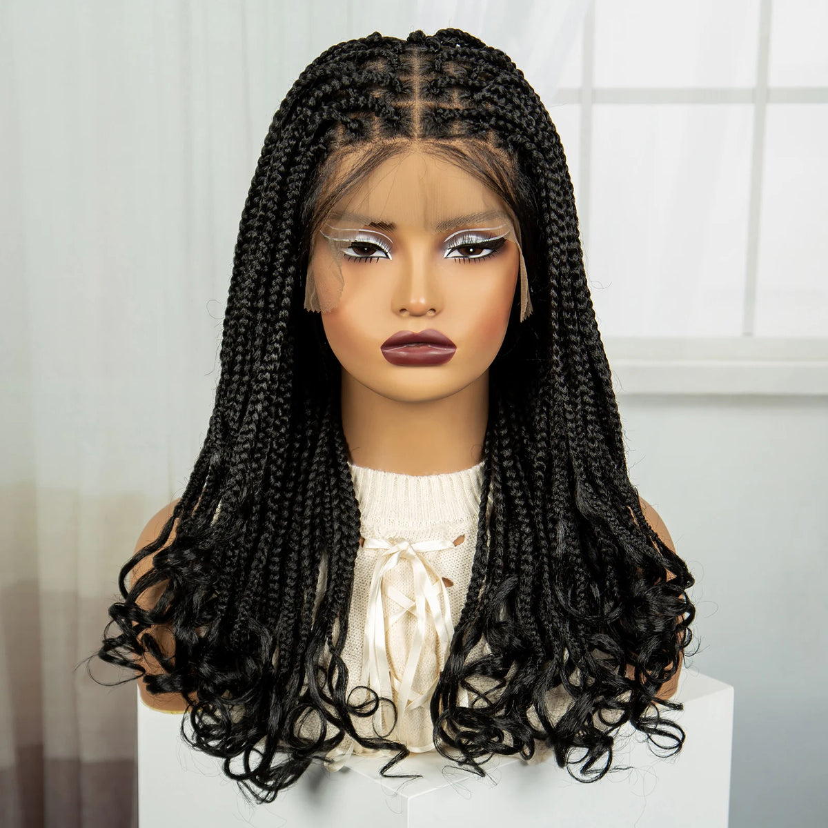 Perruque Tressée 360 Full Lace Synthétique | Knotless Box Braids | Baby Hair | Boho Boucles Extrémités | Femme