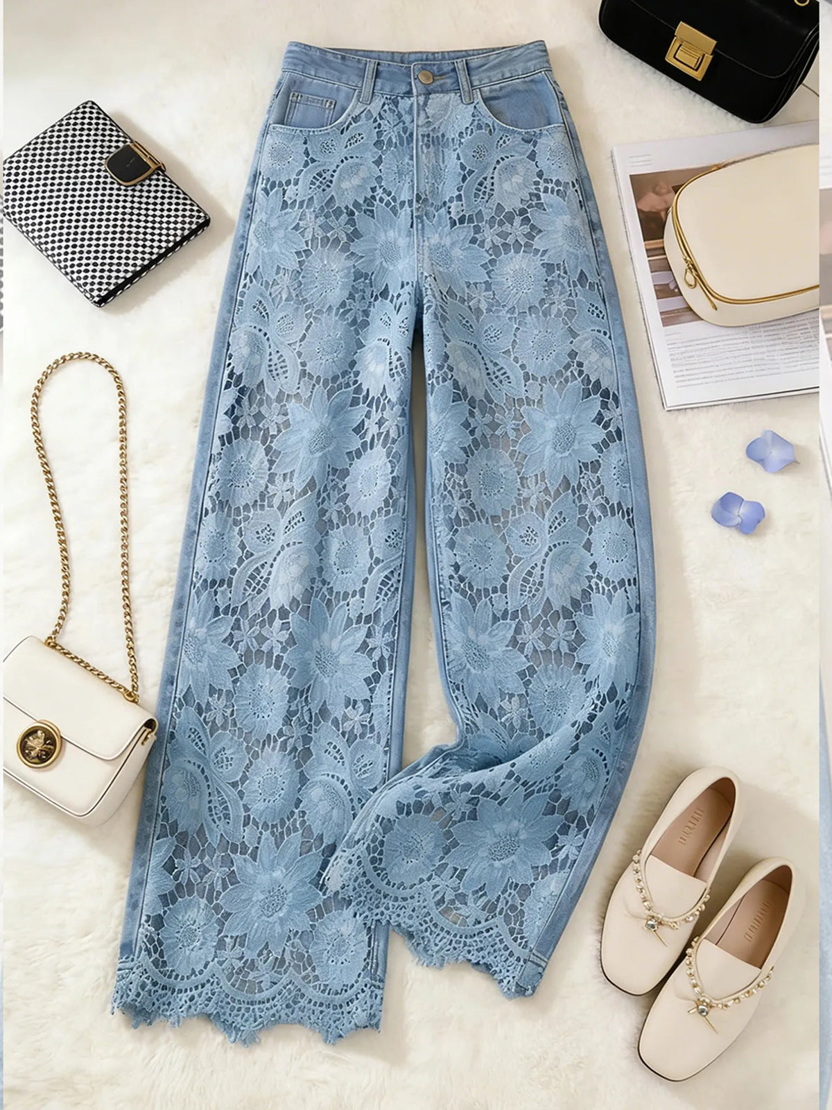 High Waist Wide Leg Pants Lace Splicing Hollow out Loose Fit Straight Cut Jeans Women's Spring Fashion Casual Trousers
