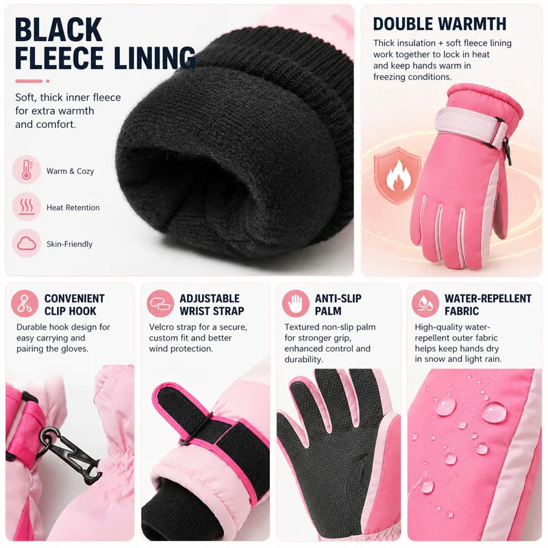 Gants de Ski Hiver Enfant | Imperméables Coupe-Vent | Doublure Polaire | Garçon & Fille 3-15 ans