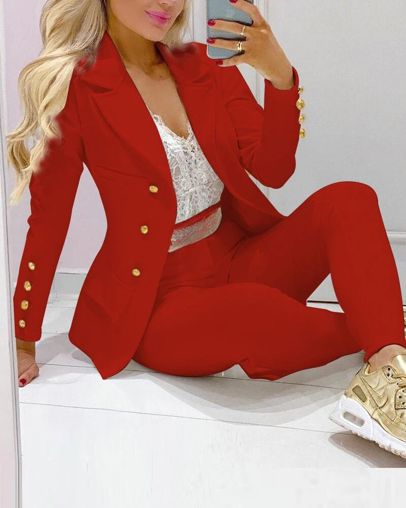 Women's Two-Piece Pant Sets Formal Business Double Breasted Blazers Jacket Pants 2 Piece Set Elegant Ladies Suits Office Lady