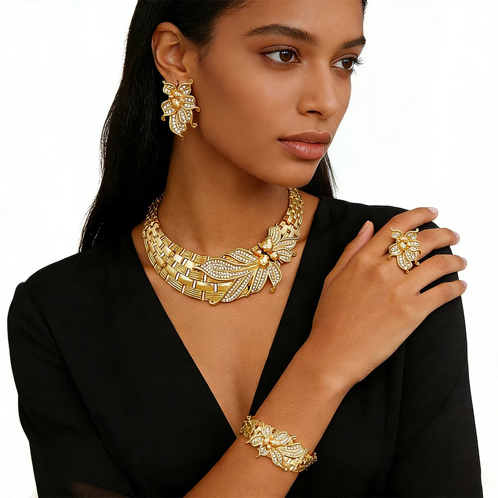 YTJX Wedding Jewelry Set Africal Big Flower Choker Necklace Fine Zircon Bracelet Piercing Earring Ring 18K Gold Plated Jewellery