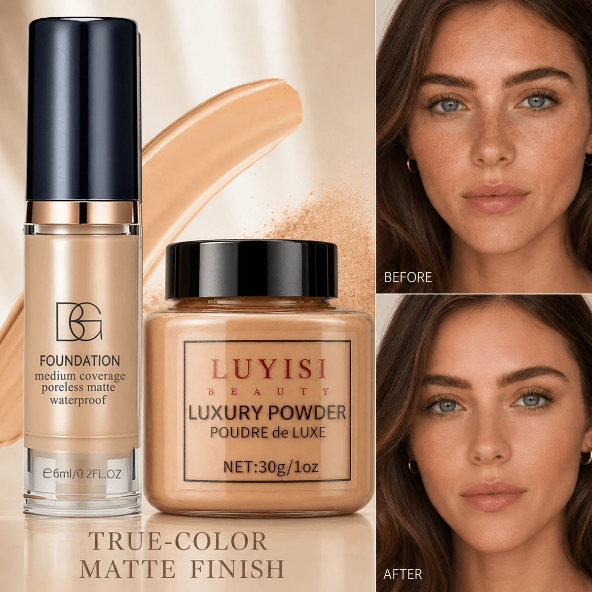 Facial Makeup Set:1pc Matte Loose Powder+1pc Waterproof Fundation,High-Coverage,Long-Lasting,Oil Control,Creat Natural Looks.