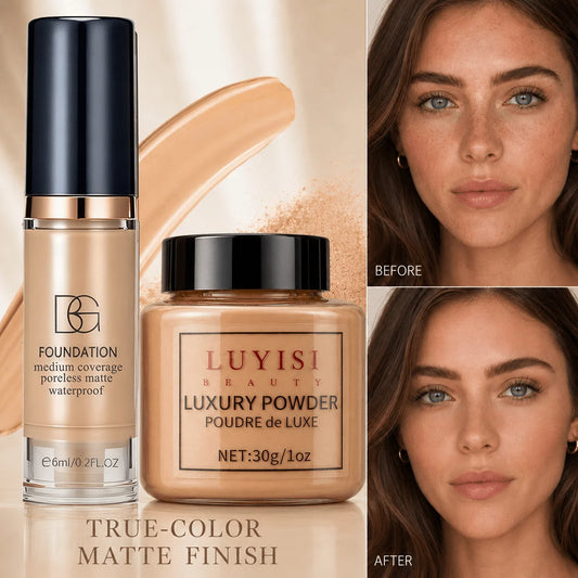 Coffret Maquillage Visage | Poudre Libre Mat + Fond de Teint Waterproof | Haute Couvrance | Look Naturel