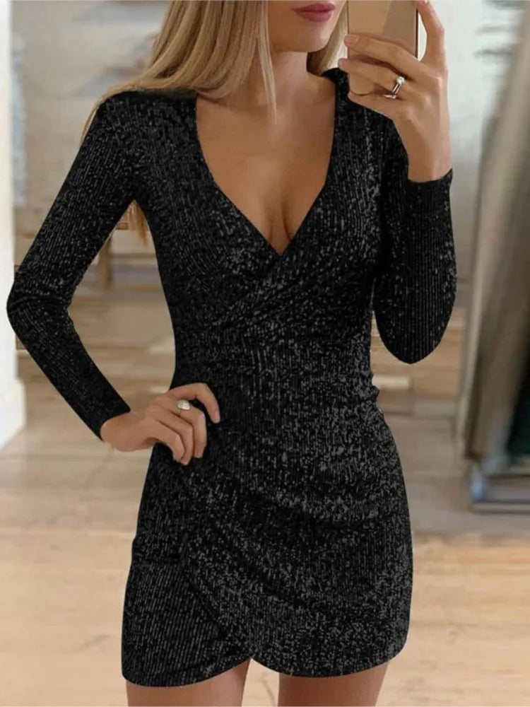 Dresses For Women 2025 Sexy Deep V-Neck Silver Sequin Mini Bodycon Dress Spring Autumn Long Sleeve Party Dress Female