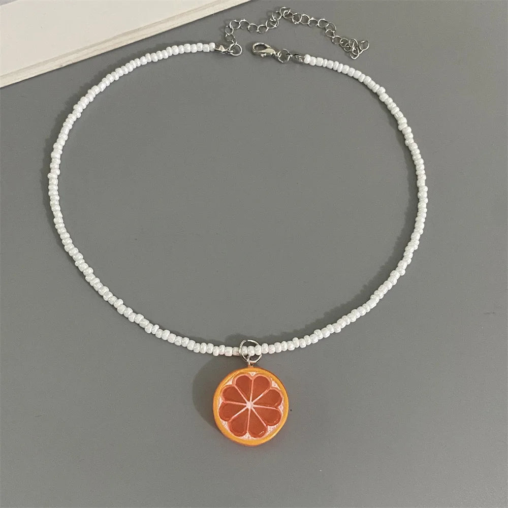 Collier Pendentif Fruits Fait Main | Perles Riz Bohème | Choker Pastèque Citron Fraise | Bijou Fille Femme