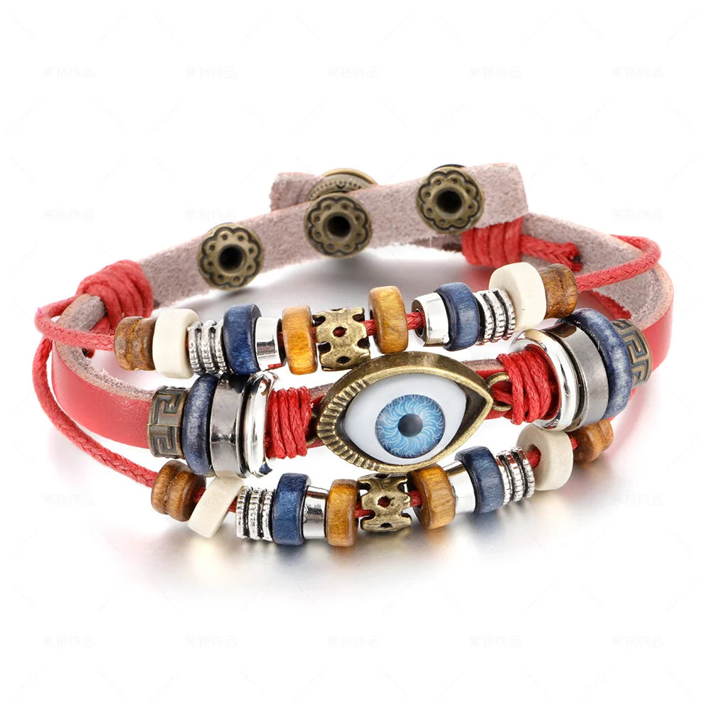 Bracelet Cuir Tressé Perles Bois | Unisexe Ethnique Tribal | Fait Main | Manchette Femme & Homme