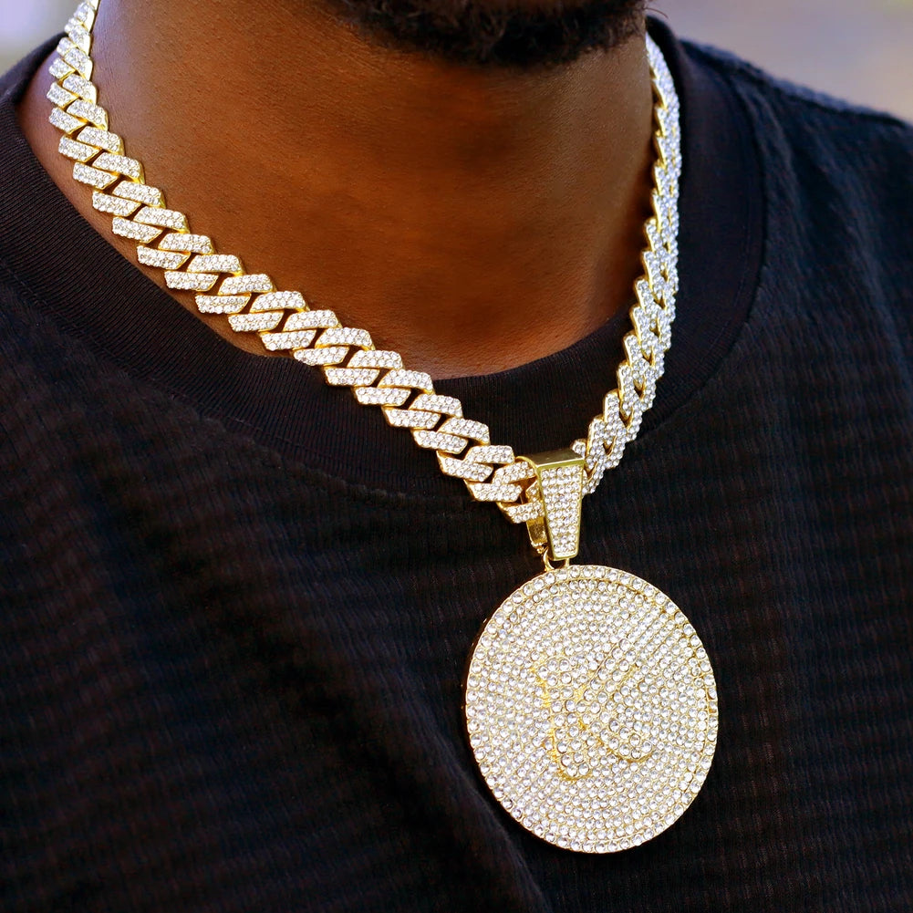 Men's Initial Name Pendant Necklace with Hip Hop Iced Out Rhinestone Paved Cuban Link Chain Necklace Fashion Birthday Jewelry Gift