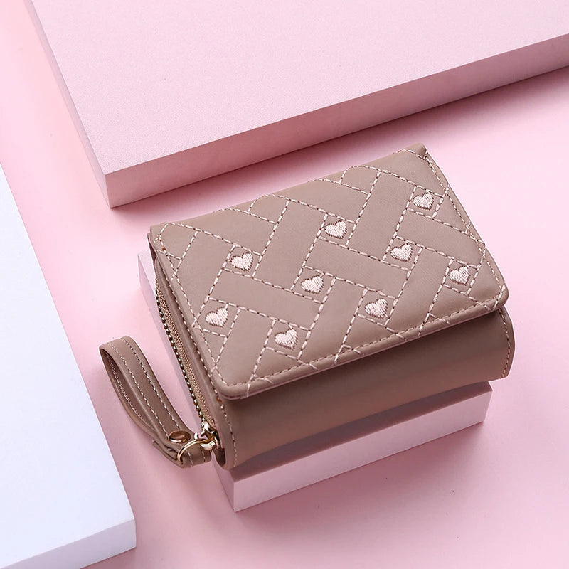 Women's Tri-Fold Wallet PU Card Holder Multi-Object Pocket Short Fashion Embroidered Love Pattern Korean Minimalist New 2023