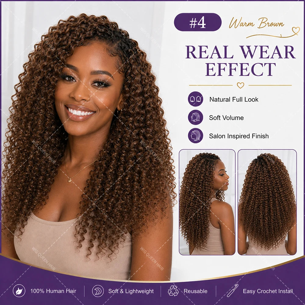 #4 Warm Brown Kinky Curly Crochet Human Hair Extensions Miracle Knots Pre Looped Easy Install Soft Natural Curly Texture