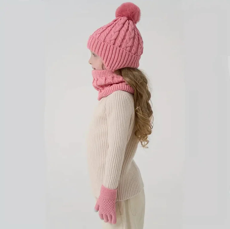 3pcs Kids Winter Warmth Set with Hat, Scarf & Gloves - Soft Pink &, Machine Washable, Polyester-Filled, Perfect for Outdoor