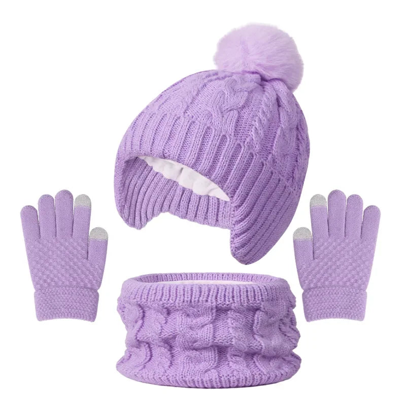 3pcs Kids Winter Warmth Set with Hat, Scarf & Gloves - Soft Pink &, Machine Washable, Polyester-Filled, Perfect for Outdoor