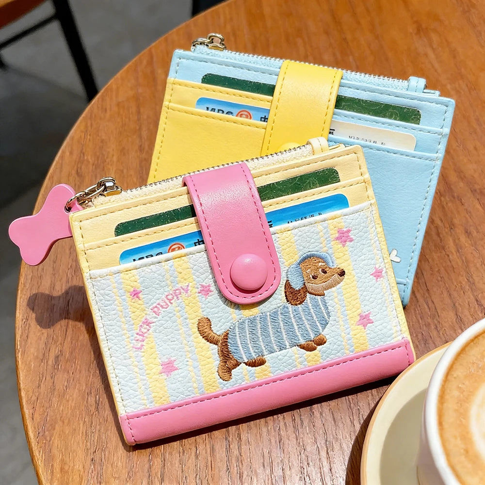 Women's Cute Cartoon Embroidered Sausage Dog Wallet Zipper Coin Purse Double Fold Card Holder Wallet Ultra Thin Leather Money Clip