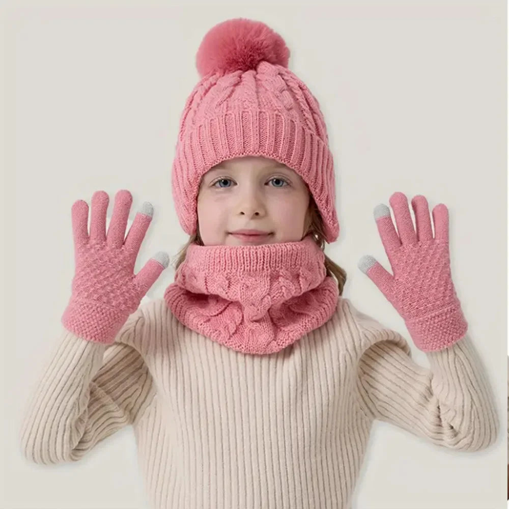 3pcs Kids Winter Warmth Set with Hat, Scarf & Gloves - Soft Pink &, Machine Washable, Polyester-Filled, Perfect for Outdoor
