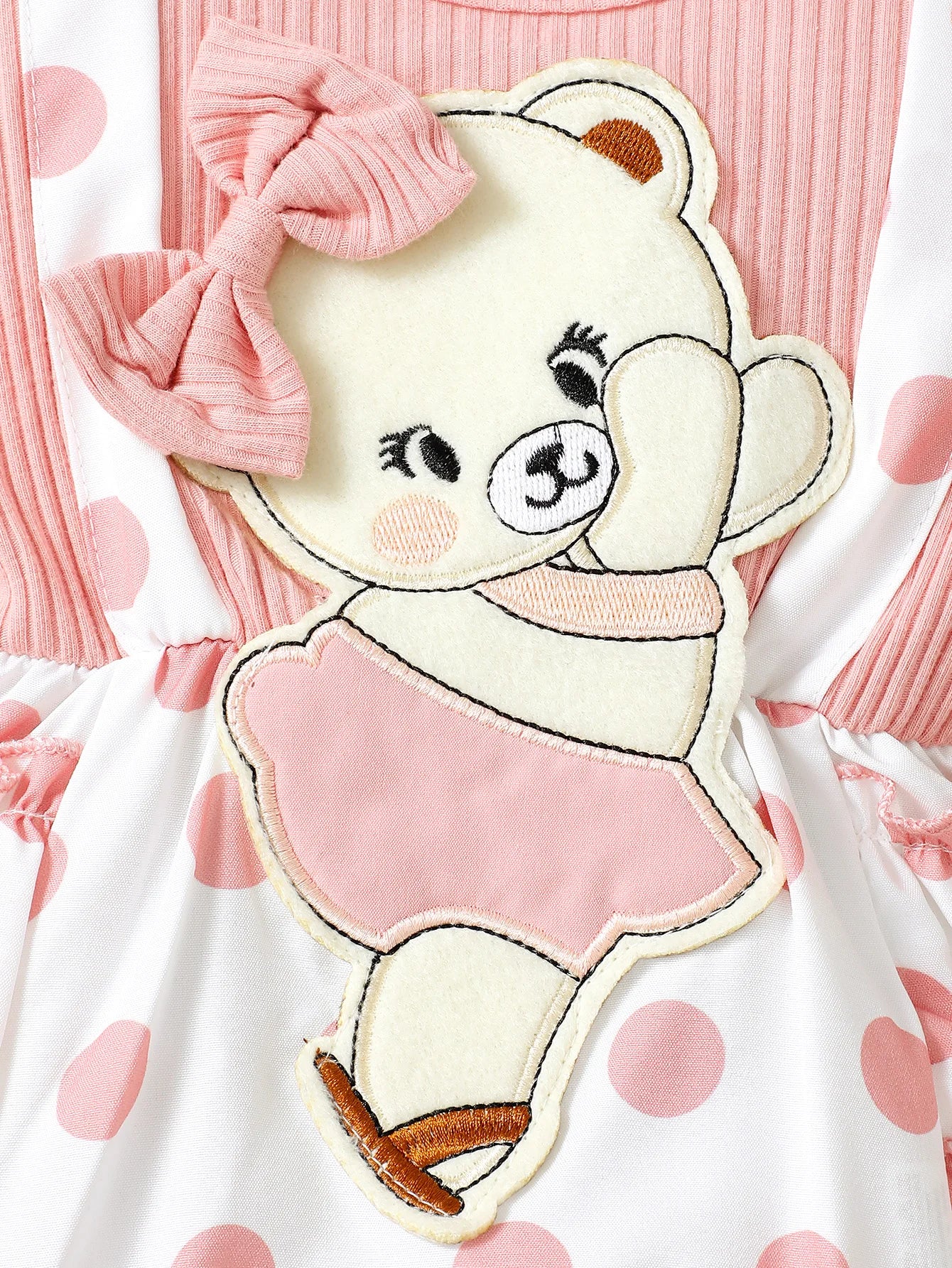 Fashionable Baby Girls' Casual Polka Dot Pattern Round Neck Flying Sleeve Cartoon Bear Embroidery Overall Dress With Hair Band,