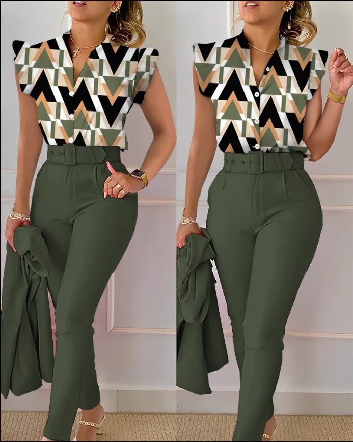 Women's Elegant Slim Two-Piece Sets Summer Fashion Print V Neck Button Flying Sleeve Shirt Top & Solid Long Pants Suits With Belt