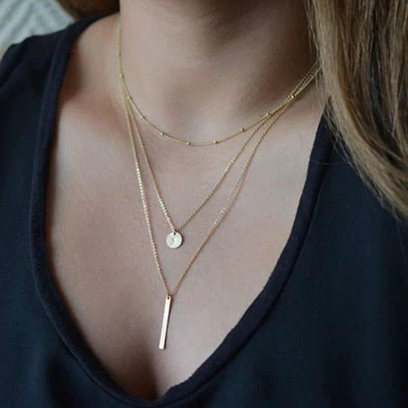 Collier Pendentif Barre Métal Multicouche | Or Chaîne Clavicule | Port Quotidien | Bijou Femme