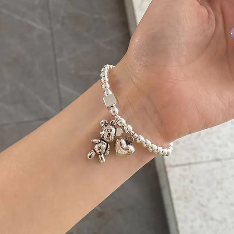 Bracelet Argent 925 Perles Ours Mignon | Pendentif Charme | Bijou Femme Fête & Anniversaire
