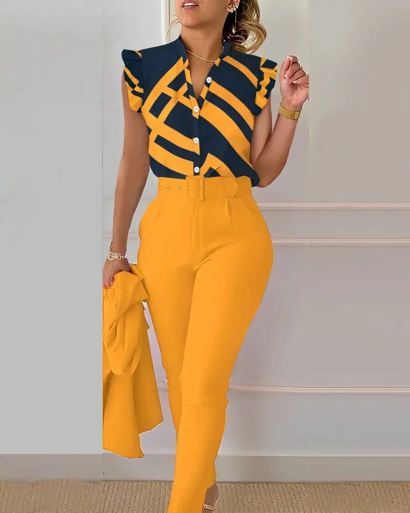 Women's Elegant Slim Two-Piece Sets Summer Fashion Print V Neck Button Flying Sleeve Shirt Top & Solid Long Pants Suits With Belt