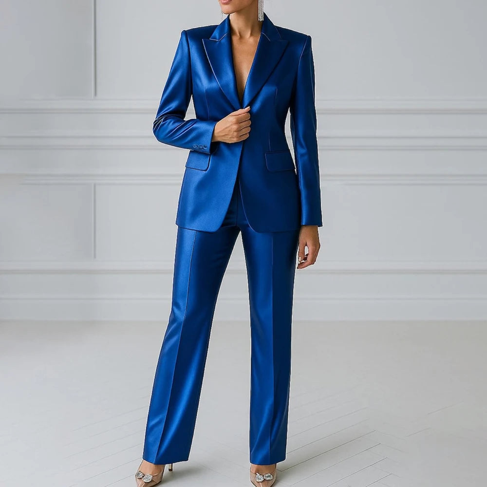 Elegant Blue Evening Women's Suits 2 Piece Jacket Pants Sets High Quality Royal Blue One-Button Slim Fit Office Blazer Clothing